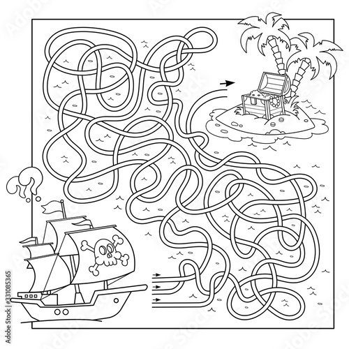 Maze or Labyrinth Game for Preschool Children. Puzzle. Tangled Road. Coloring Page Outline Of Cartoon Pirate ship with island of treasure. Coloring book for kids.