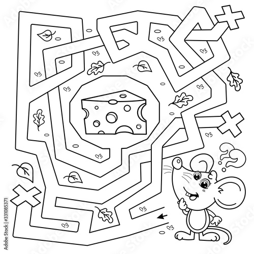 Maze or Labyrinth Game for Preschool Children. Puzzle. Tangled Road. Matching Game. Coloring Page Outline Of Cartoon mouse with cheese. Coloring book for kids.