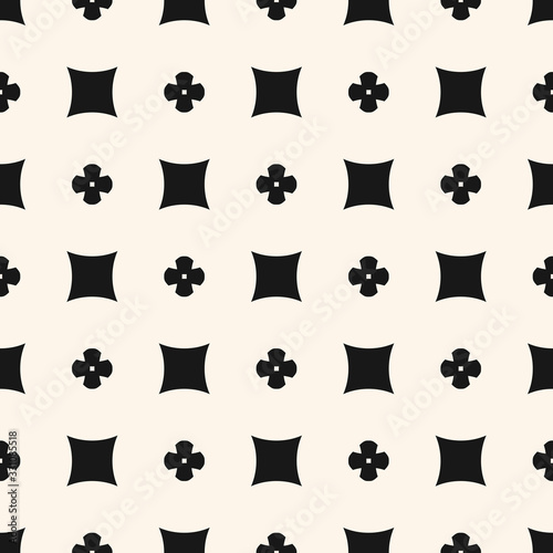 Simple floral texture, vintage geometric pattern with small flower silhouettes, squares. Vector abstract monochrome background. Elegant minimalist black and white ornament. Repeat decorative design
