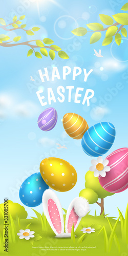 Festive vertical banner with title “Happy Easter” and spring scene with falling realistic colorful eggs and 3D fur ears of bunny on meadow. Vector holiday background with cartoon landscape.