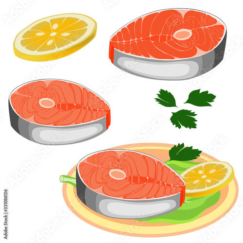 Vector illustration Steak of fish. Cut salmon slice. Steak salmon isolated on white background.