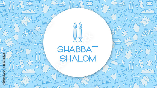 Shabbat blue background. Star of David, candles, kiddush cup and challah. Hebrew text "Shabbat Shalom". Vector illustration.