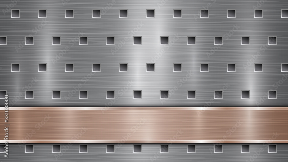 Background of silver perforated metallic surface with holes and horizontal bronze polished plate with a metal texture, glares and shiny edges Background of silver perforated metallic surface with holes and horizontal bronze polished plate with a metal texture, glares and shiny edges