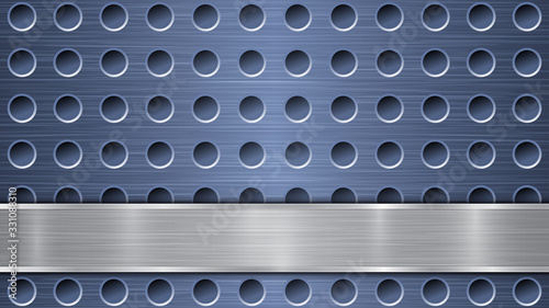 Background of blue perforated metallic surface with holes and horizontal silver polished plate with a metal texture, glares and shiny edges