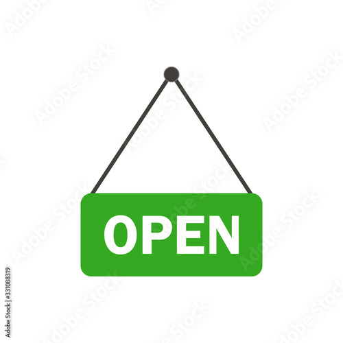 Green open hanging sign on white