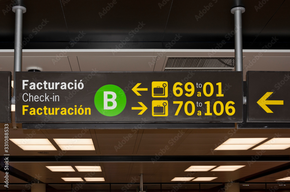 BARCELONA, SPAIN - 27.02.2020: Screens panels with information for the travelers in transit at Terminal 2 of Barcelona el Prat - Josep Tarradellas international airport