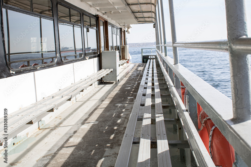 Obraz premium Seats on passenger ferries in Istanbul. Close-up. No human.