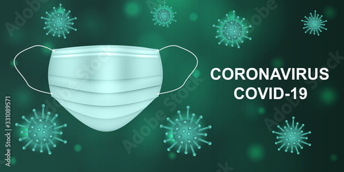 Vector illustration of a coronavirus and medical mask on a dark green background. Covid-19 concept. Virus protection. EPS 10