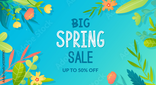 Spring sale ad text and garden flowers bouquet.