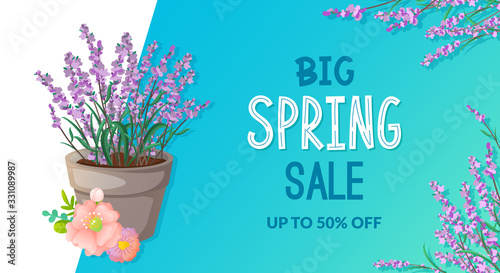 Spring sale ad text and Lavender flowers.