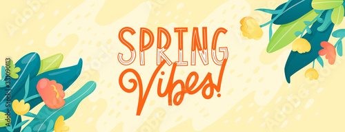 Spring ad text and flowers on abstract background.