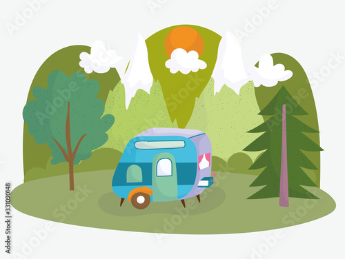 camping trailer trees mountains sun vacations activity adventure design