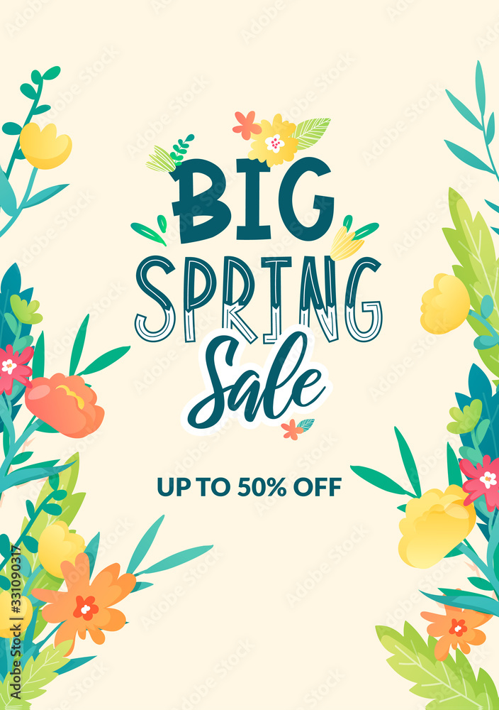 Spring ad sale text and bright flowers.