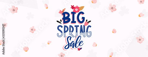 Spring sale ad text and flowers on white background.