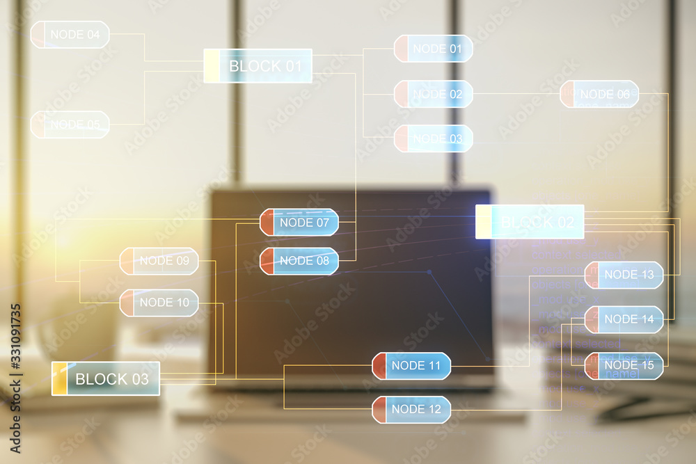 Double exposure of abstract programming language on laptop background ...