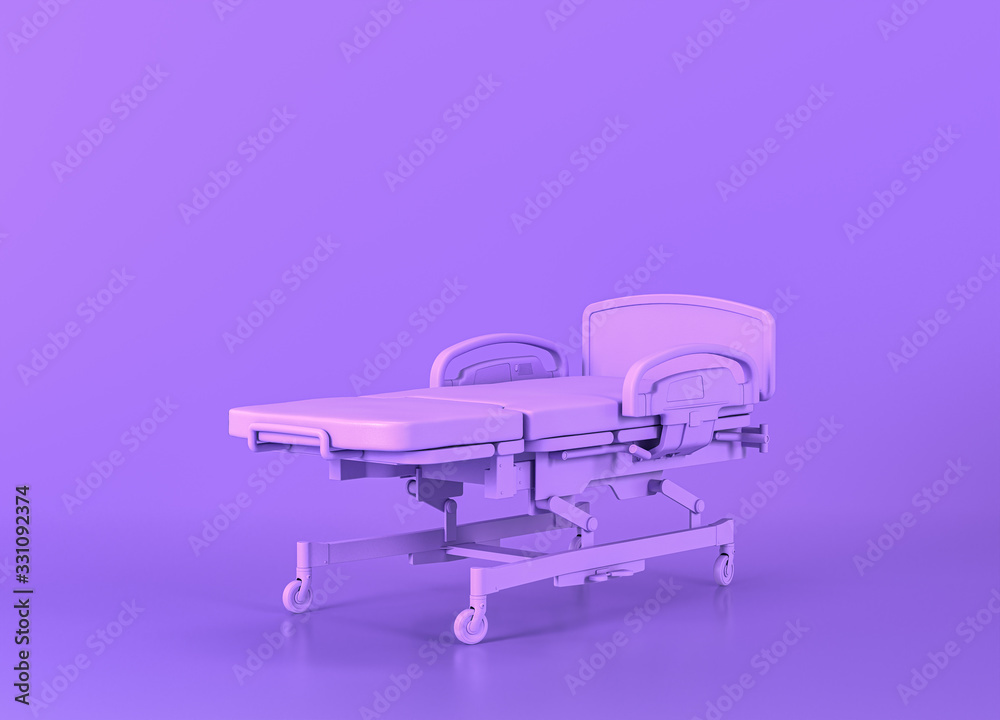 Hospital sickbed, Medical equipment in flat monochrome purple room, 3d rendering Hospital sickbed, Medical equipment in flat monochrome purple room, 3d rendering