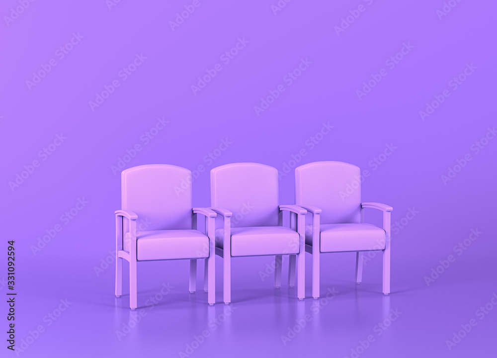 Obraz premium Waiting Room patient chairs, Medical equipment in flat monochrome purple room, 3d rendering