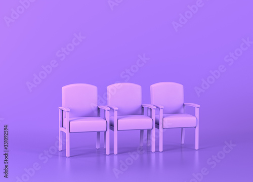 Waiting Room patient chairs  Medical equipment in flat monochrome purple room  3d rendering