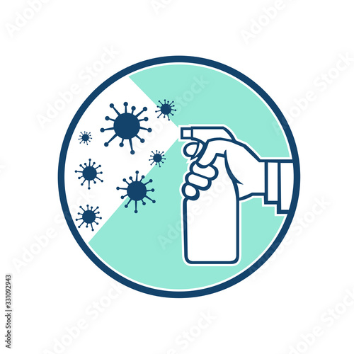 Icon retro style illustration of a hand spraying disinfectant spray on coronavirus,  COVID-19 or influenza virus microscopic cell set inside circle on isolated background.