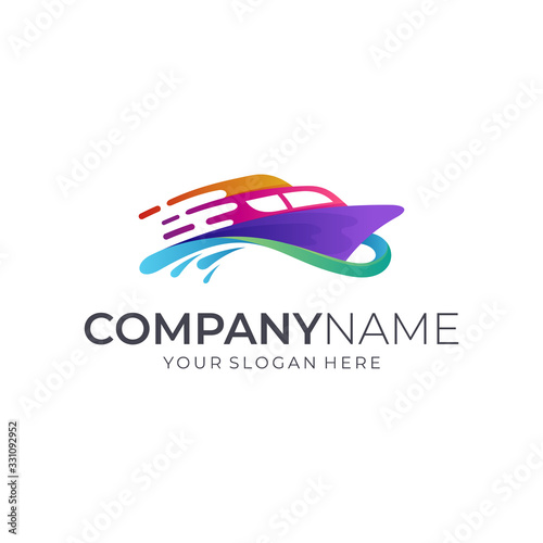 fast boat colorful logo design, modern water transportation logo template, multicolored ship vector