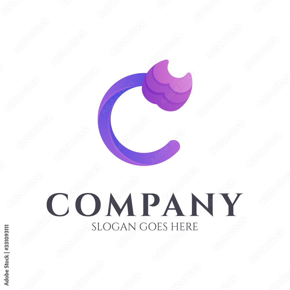 cat letter C logo design, simple animal cartoon character, creative letter logo idea, purple color, vector illustration cat letter C logo design, simple animal cartoon character, creative letter logo idea, purple color, vector illustration