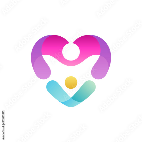 Mother love child logo design, logo concept of moms and children in heart shape, kid adoption, social foundation, childcare vector illustration.