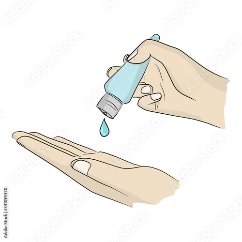 close-up hands using alcohol hand sanitizer gel pump dispenser to protect Covid-19 virus or coronavirus vector illustration sketch doodle hand drawn isolated on white background