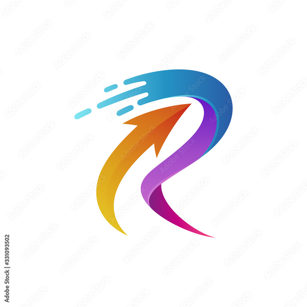 R arrow logo with fast motion effect, marketing business chart, creative initial letter logo template, up arrow vector icon illustration. R arrow logo with fast motion effect, marketing business chart, creative initial letter logo template, up arrow vector icon illustration.