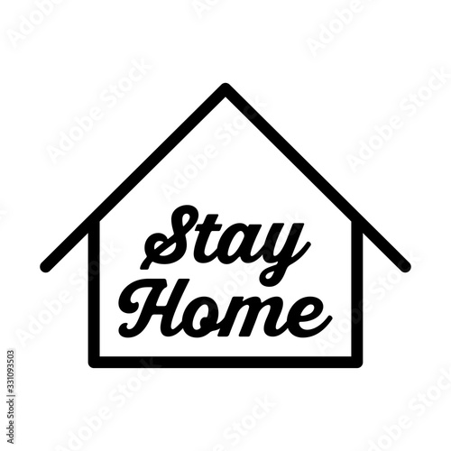 Stay home text with house icon. Self isolation campaign slogan. Pandemic virus protection.
