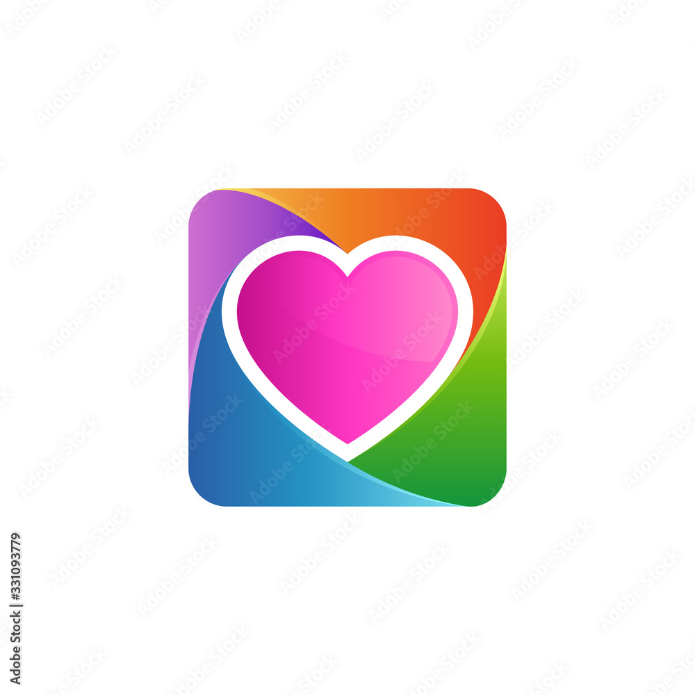 heart in box logo design, love and giving vector icon illustration, colorful style, camera lens logo heart in box logo design, love and giving vector icon illustration, colorful style, camera lens logo