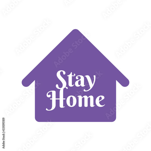Stay home text with house icon. Self isolation campaign slogan. Pandemic virus protection.