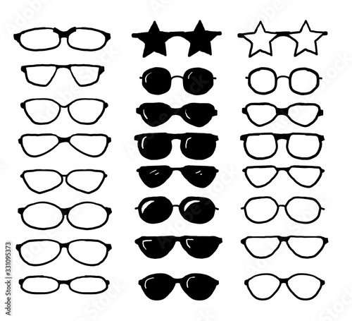 hand drawn glasses set, Summer eye wear sun protection sun glass. Fashion spectacles accessory. Plastic frame modern eyeglasses. Vacation item.doodle style vector