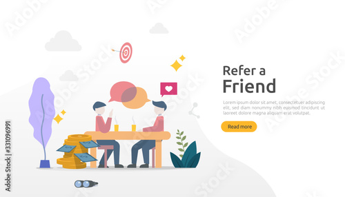 refer a friend strategy and affiliate marketing concept . people character sharing referral business partnership and earn money. template for web landing page, banner, poster, print media