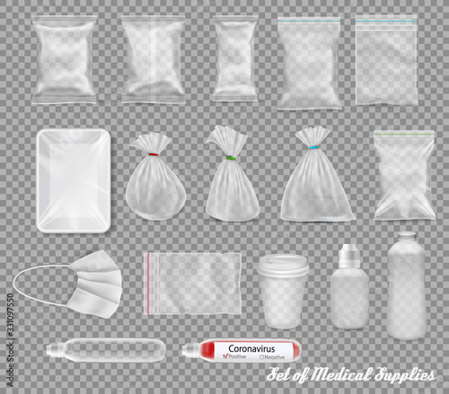 ollection of polypropylene plastic packaging and medical supplies - sack, tray, cup, bottle, box, tube, medical mask on transparent background. Vector illustration