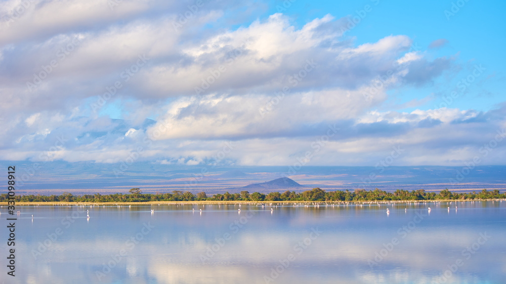 Lake in Amboseli National Park, Kenya, Africa. View from the rooftop van while on a game drive. 
