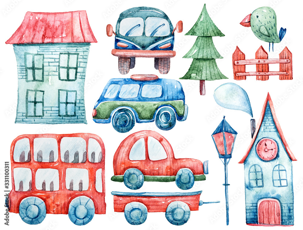 Naklejka premium Watercolor colorful Christmas clipart with winter trees, cars, bird, house, bus. Perfect for pattern, wrapping paper, textile design, print, fabric, packaging