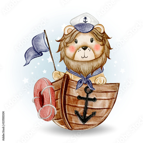 cute lion king sailor boarded the ship watercolor illustration