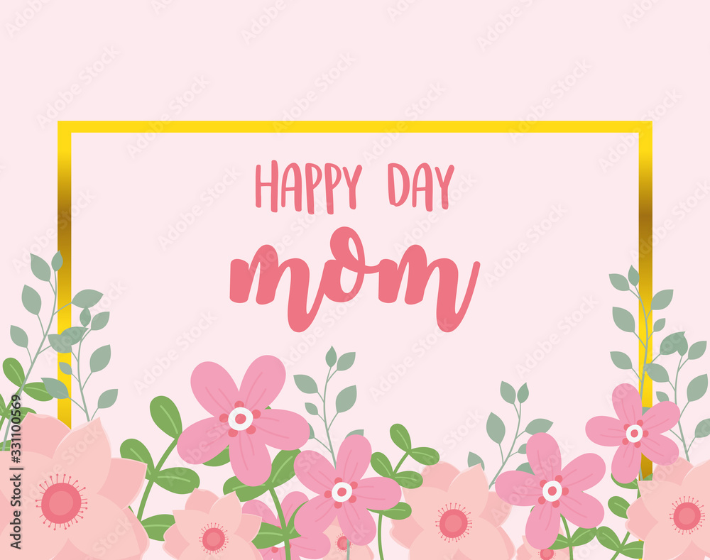 happy mothers day, pink flowers leaves pink background