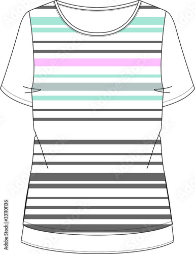 T shirt design apparel template,  Fashion Flat Sketch vector. Striped basic t-shirt
