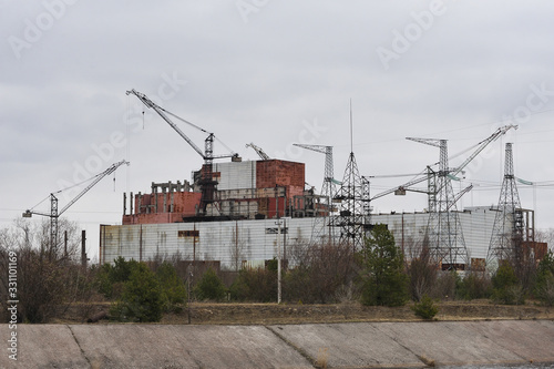Unfinished unit 5 of Chernobyl nuclear power plant at night