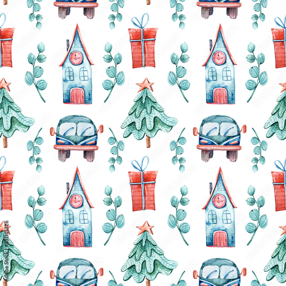 Watercolor colorful seamless Christmas pattern with Christmas trees, car, gift boxes. Perfect for wrapping paper, textile design, print, fabric, packaging, bus