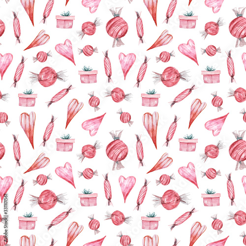 Watercolor hand painted valentines day seamless pattern. Red hearts  gift boxes  sweets on white background. Perfect for scrapbooking  textile design  fabric  wallpaper  wrapping paper.