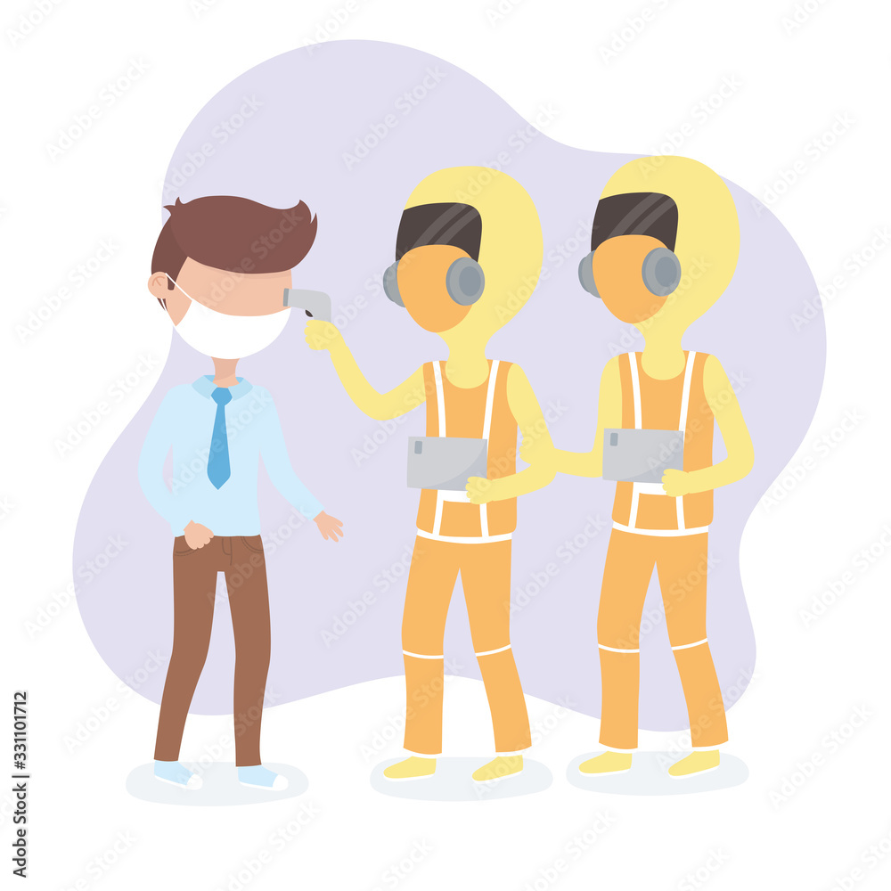 virus covid 19 quarantine, man and staff medical protective suit and scan temperatura corporal virus covid 19 quarantine, man and staff medical protective suit and scan temperatura corporal