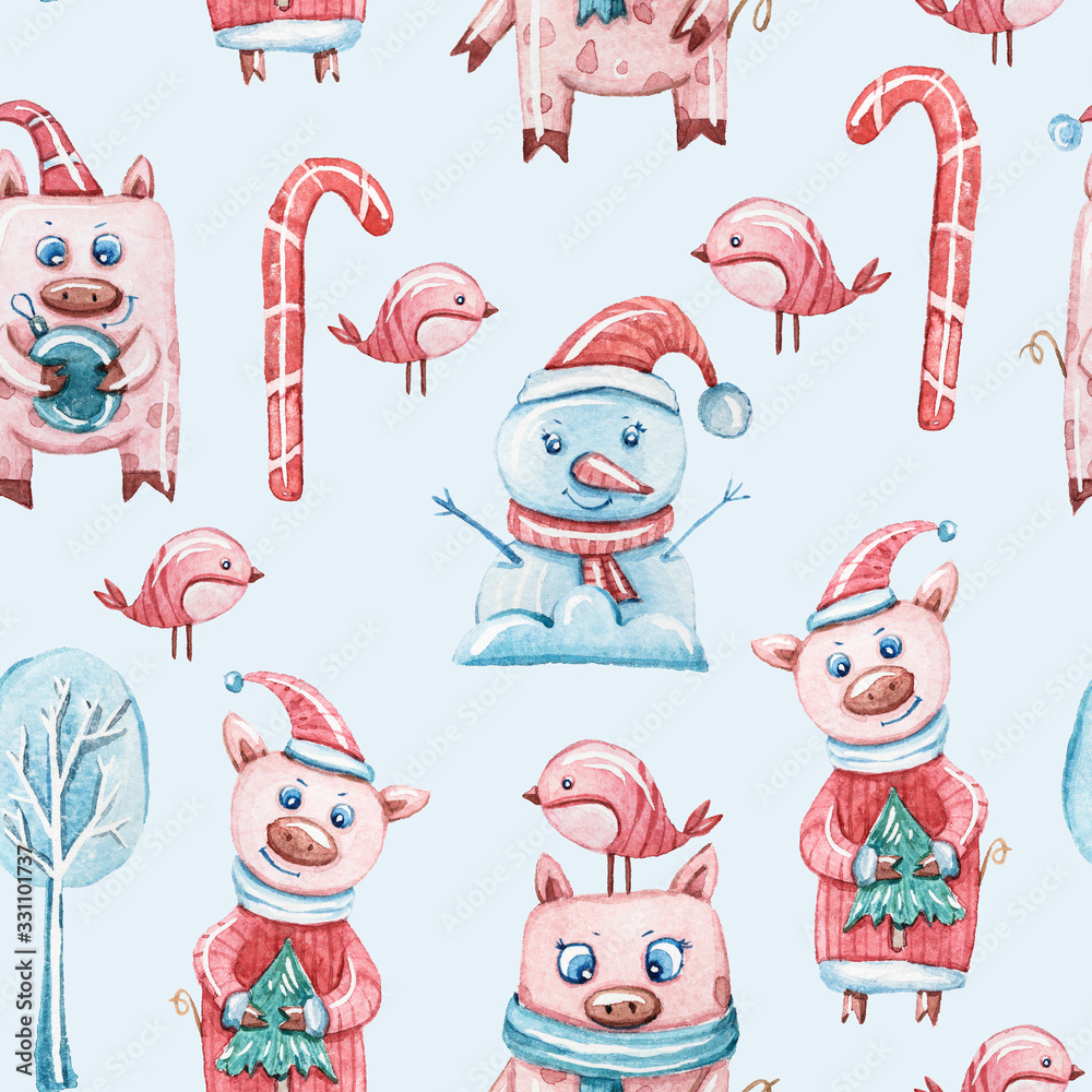 Fototapeta premium Watercolor colorful seamless Christmas pattern with Christmas tres, car, bird, gift boxes. Perfect for wrapping paper, textile design, print, fabric, packaging, bus