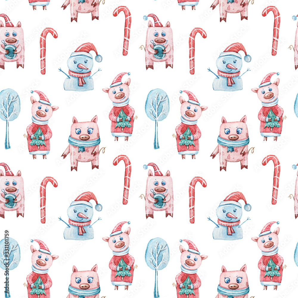 Watercolor colorful seamless Christmas pattern with Christmas trees, pig, snow man on white background. Perfect for wrapping paper, textile design, print, fabric, packaging, bus