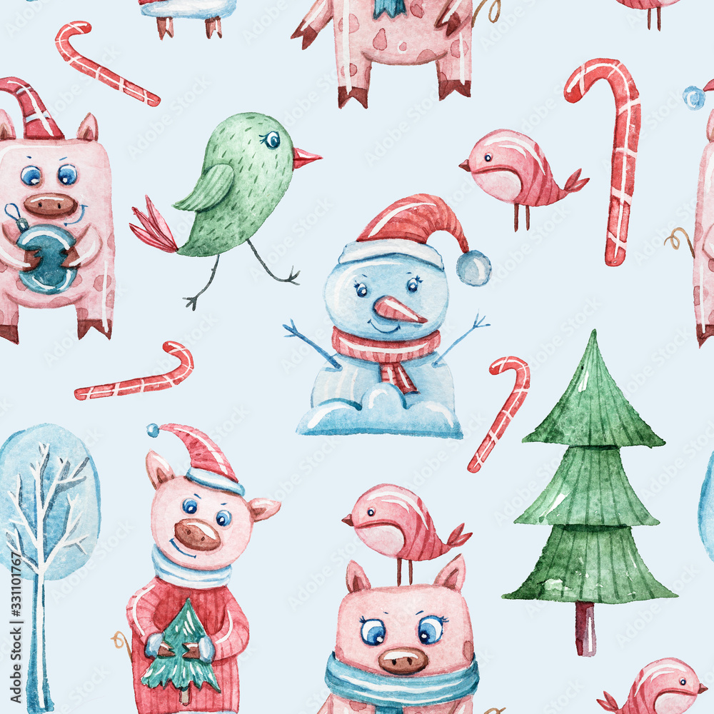 Watercolor colorful seamless Christmas pattern with Christmas trees, pig, bird, snow man on blue background. Perfect for wrapping paper, textile design, print, fabric, packaging, bus