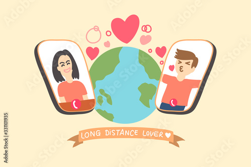 Long distance lover concept, drawing vector illustration about oversea couple connecting by smartphone. Suitable for working, dating, disease or epimedic situations.
