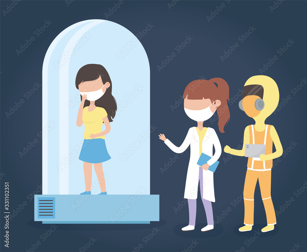 virus covid 19 quarantine, woman in quarantined tube and staff medical healthy virus covid 19 quarantine, woman in quarantined tube and staff medical healthy