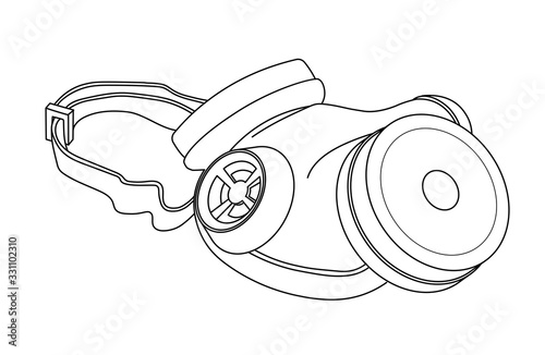 single industrial respirator with air filters, personal protective equipment, vector illustration with black contour lines isolated on a white background in cartoon and hand drawn style