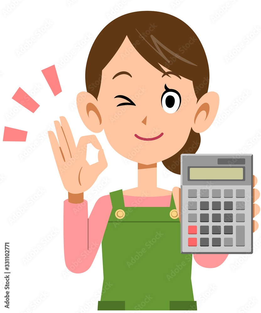 計算機を持ってOKのサインを出す女性